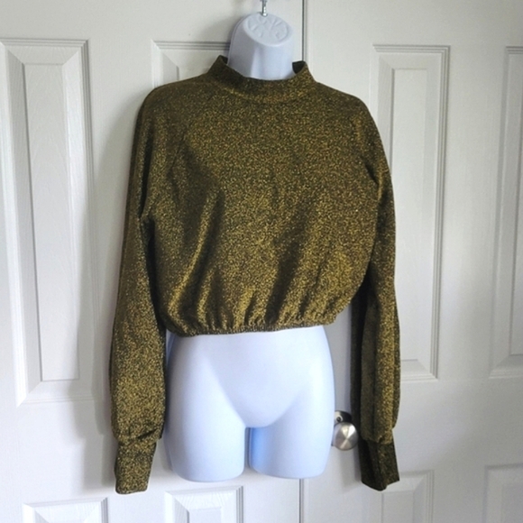Fashion Nova gold long puff sleeves‎ glittery crop top women's large - Picture 4 of 16